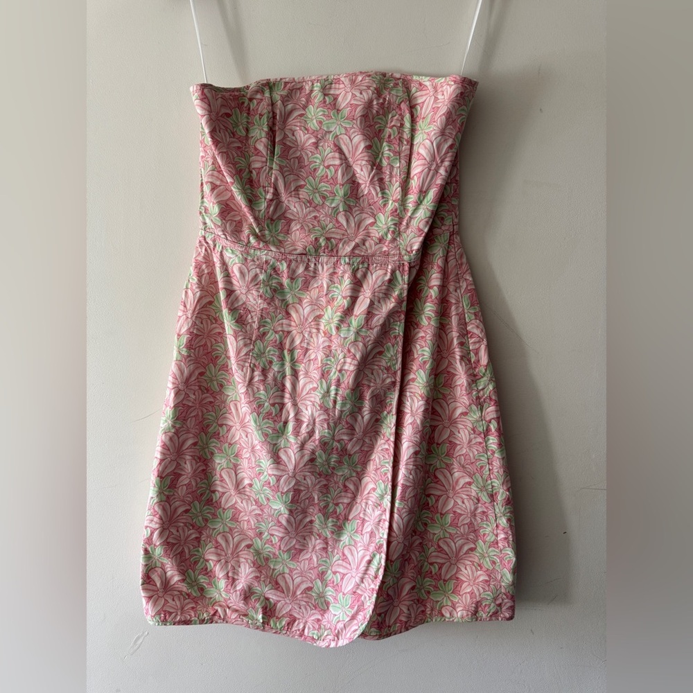 Vineyard Vines Coral Green Tropical Floral Print Strapless Dress Cotton